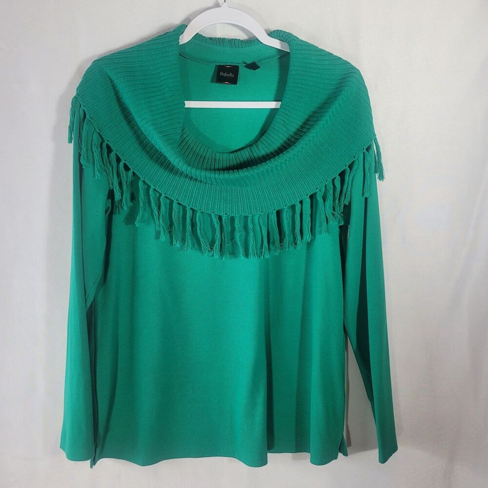 Rafaella Kelly Green Ribbed Knit Cowl Neck Top with Fringe Accent Size Medium